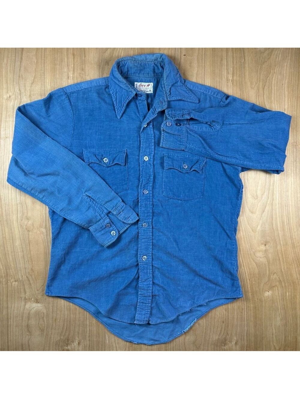 Vintage 70s Lazy H corduroy button up shirt medium 100% cotton blue workwear